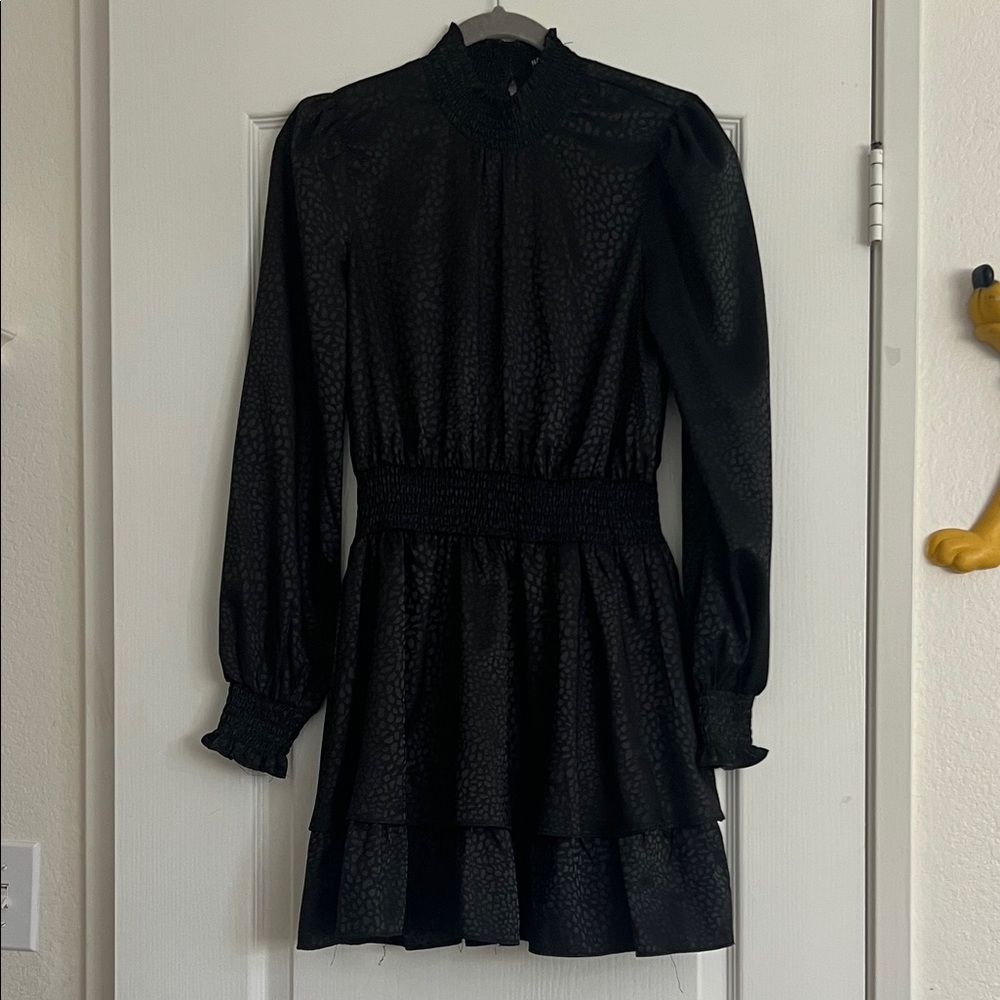 Nasty Gal Black Smocked-Waist Long-Sleeve Tiered Mini Dress M